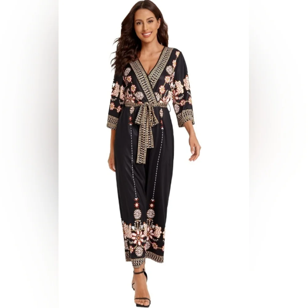 Floral Print Black Wrap Jumpsuit with Belt